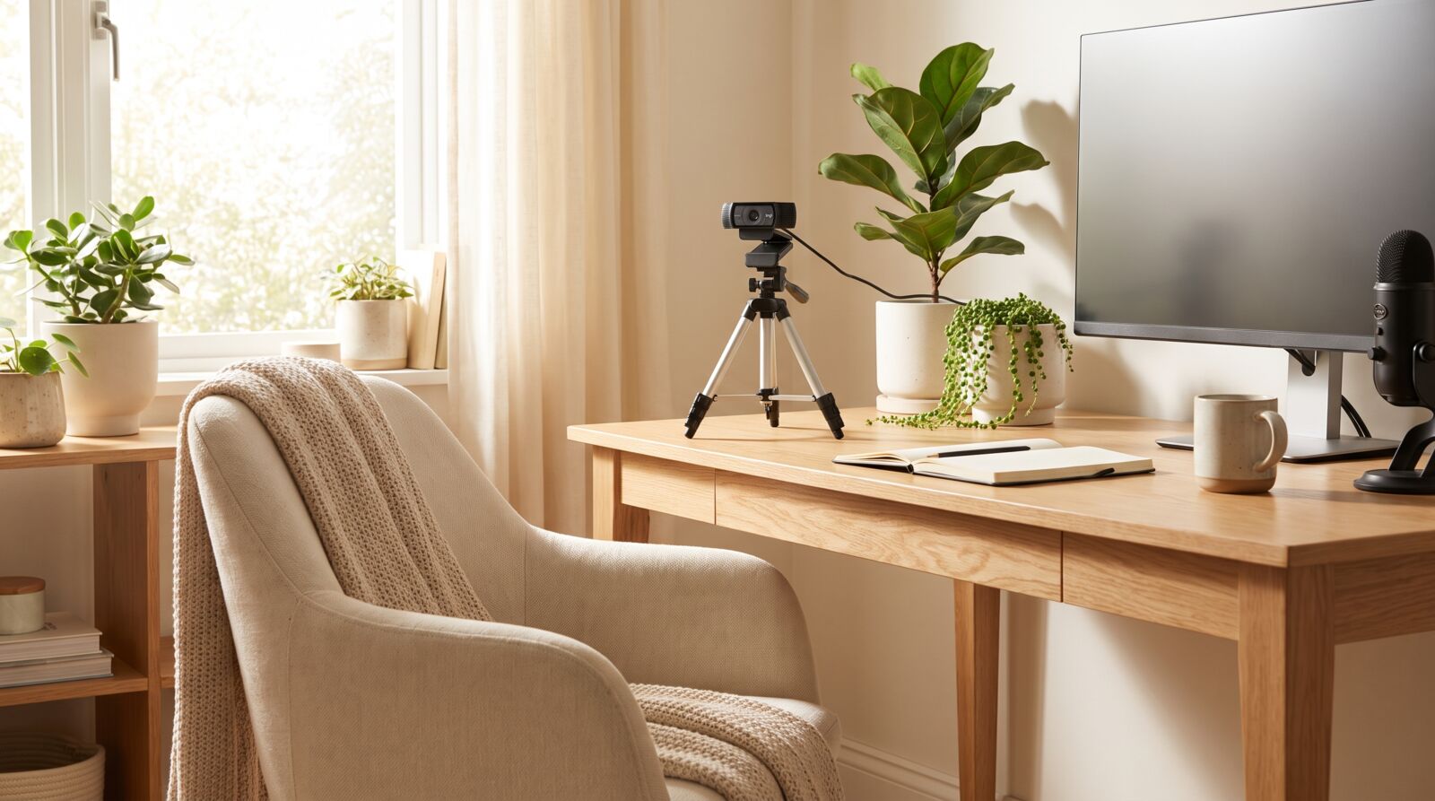 Webcam setup on a desk with soft lighting